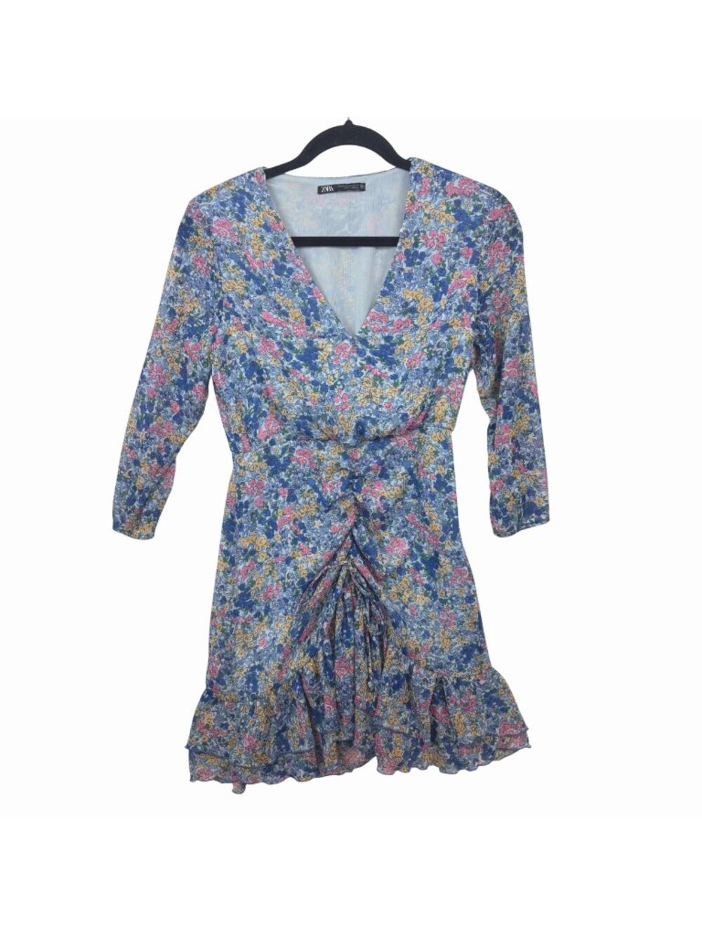 ✨3/$30 Zara XS Multicolor Floral Print Ruffle Hem Dress Ruched Waist